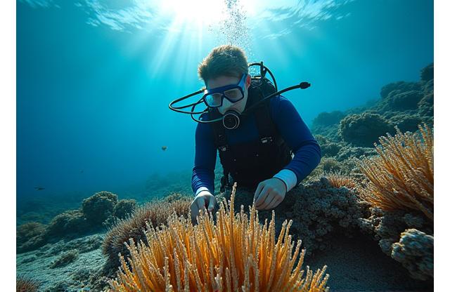 Plongeur examinant la santé d'un corail dans une eau claire