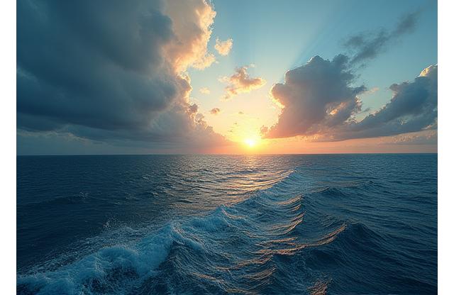 Vue océanique avec des vagues et un soleil couchant, symbolisant les courants