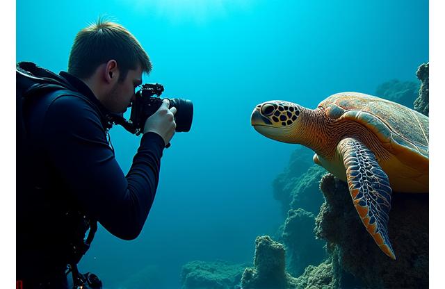 Photographe sous-marin prenant une photo d'un poisson clown anemonefish